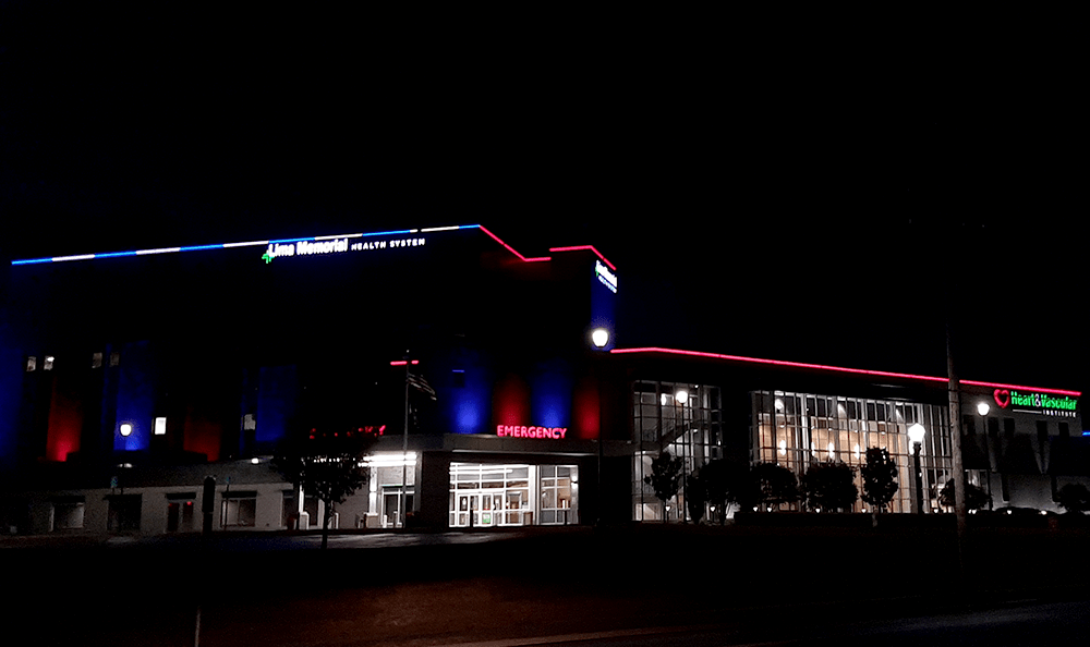 A hospital at night with lights controlled by a ControlByWeb device